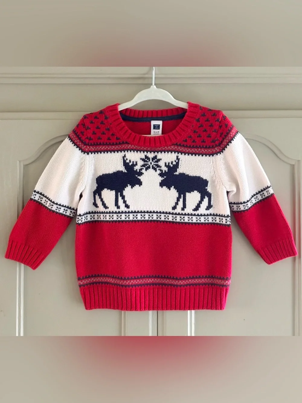 JANIE & JACK Boy’s Red Cream & Blue Cotton Moose Sweater | Size 12-18 months